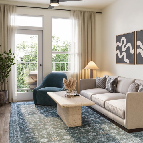 a living room with a couch and a table