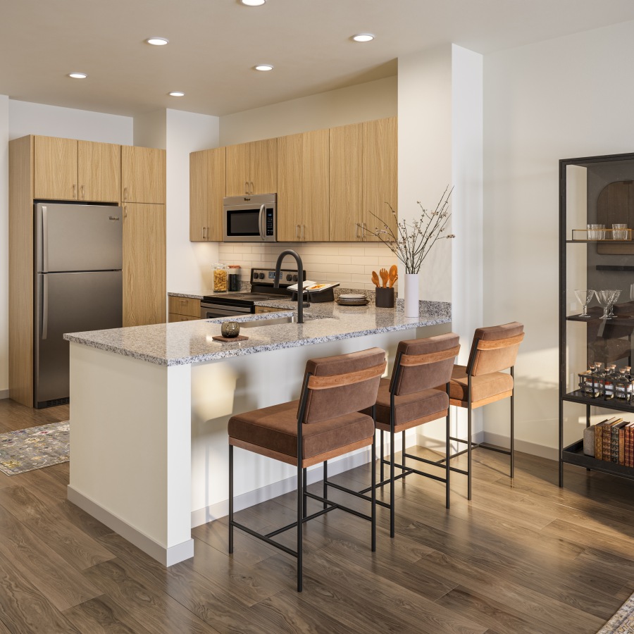 a kitchen with bar stools