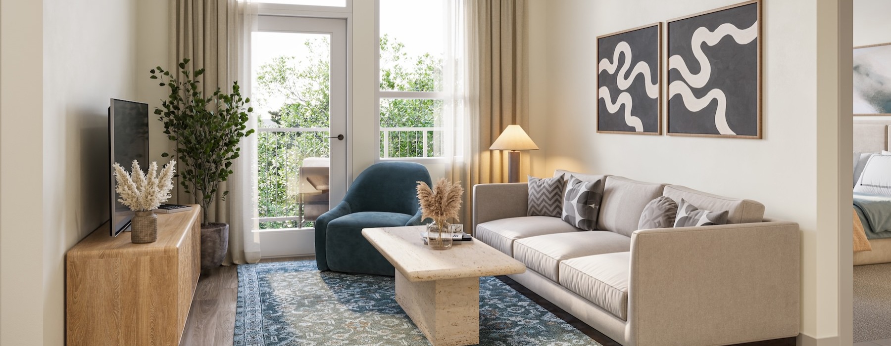 a living room with a couch and a table