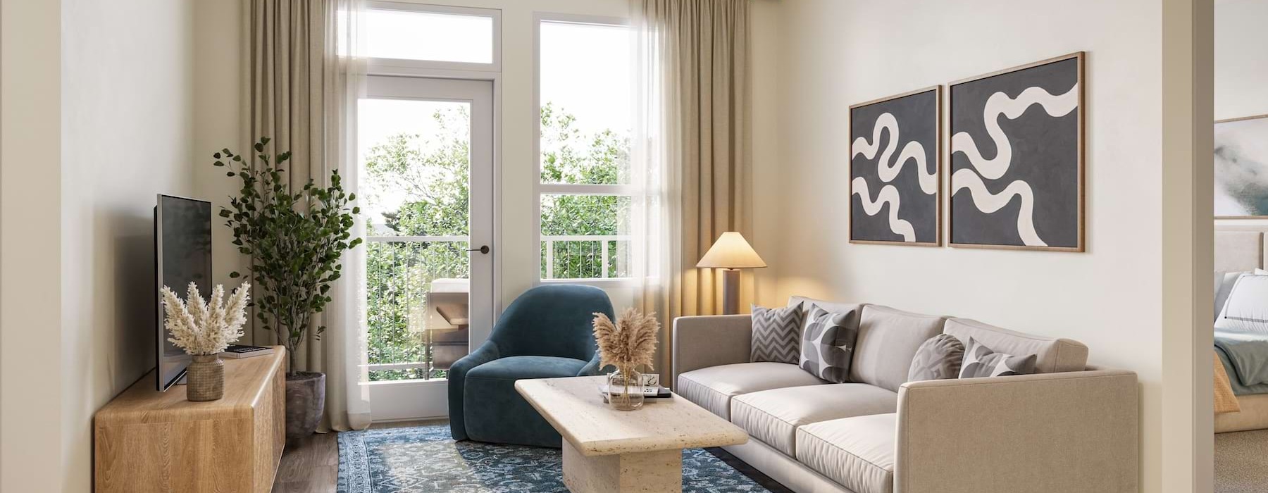 a living room with a couch and a table