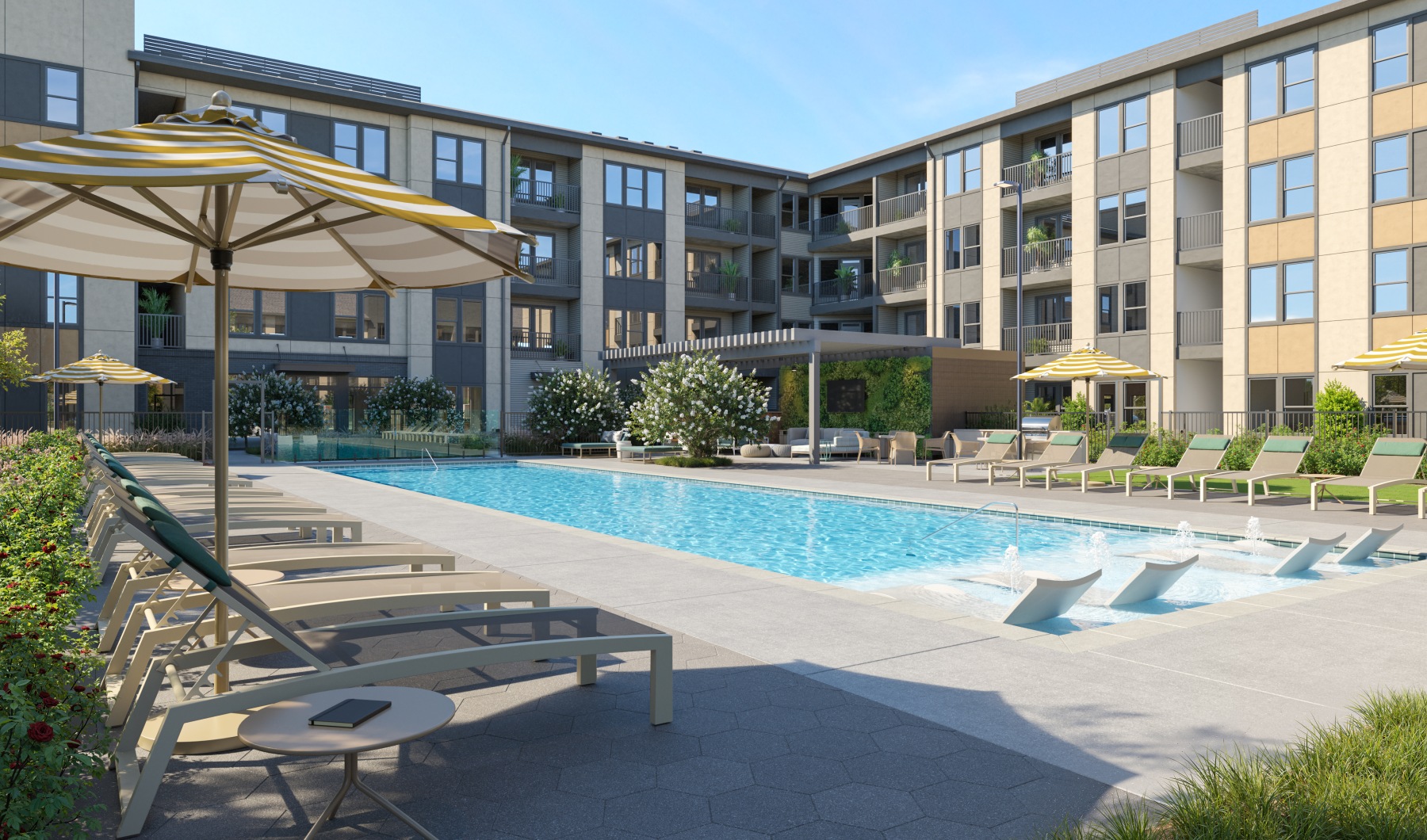 pool with apartment building in background