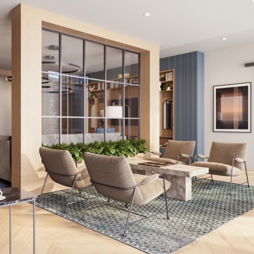 a clubroom with tables and chairs